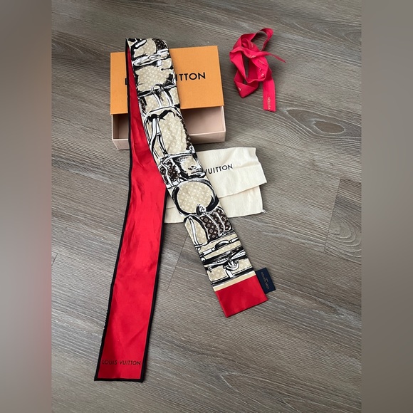 Louis Vuitton LV Silk Slim Scarf Red Brown Multi - Picture 2 of 3
